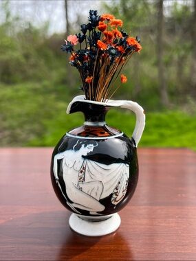 Hand Painted Black & White Figure Greek Pottery Ceramic Mini Vase Dried Flowers